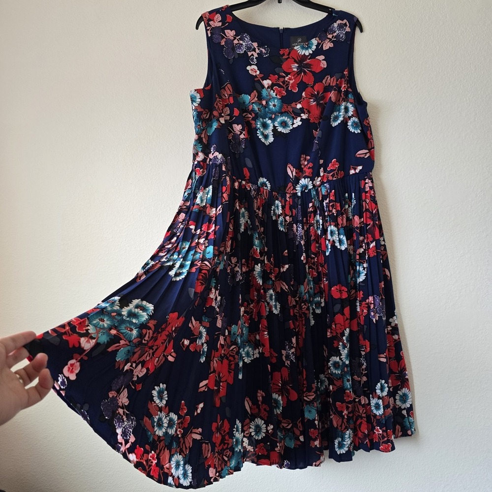 Adrianna Papell Women's Plus 14W Red Navy Floral Pleated Skirt Midi Garden Dress